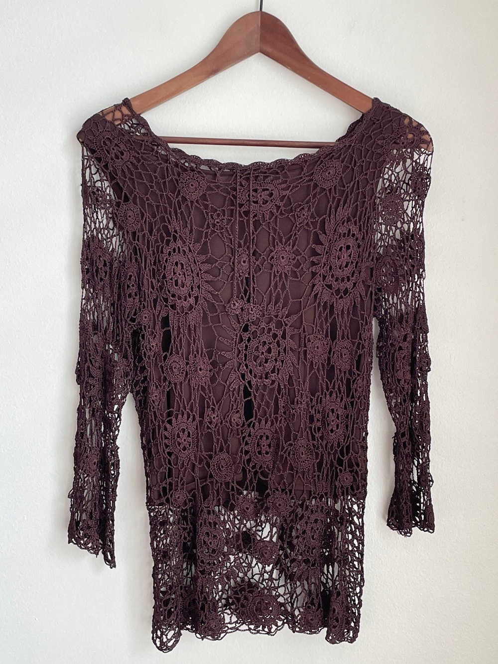 Floral Medallion Crochet Knit Top Brown 3/4 Sleeve Boho Festival Witchy Size M